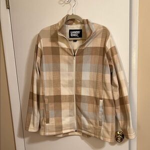Lands' End Beige and Cream Checkered Fleece Jacket